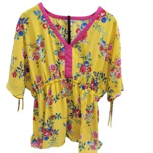 NWT The Pioneer Woman Dolman Sleeve Top Yellow Floral Print Ties Size L
